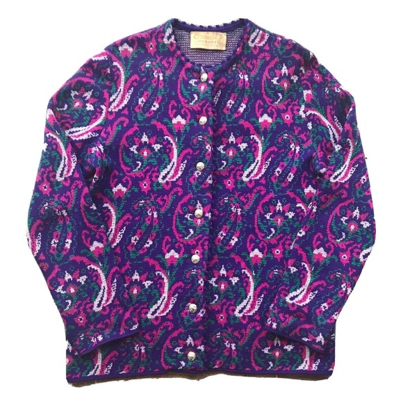 Catalina Jacquard Cardigan Vintage Sz 38 Small Knit Pink Purple Art Deco 50s 60s - Picture 1 of 6